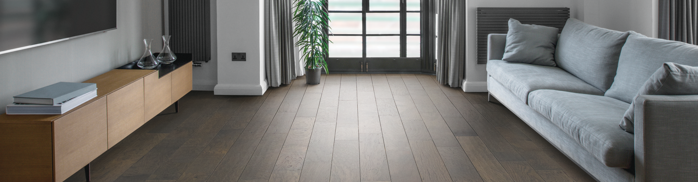 living room with dark maple floors